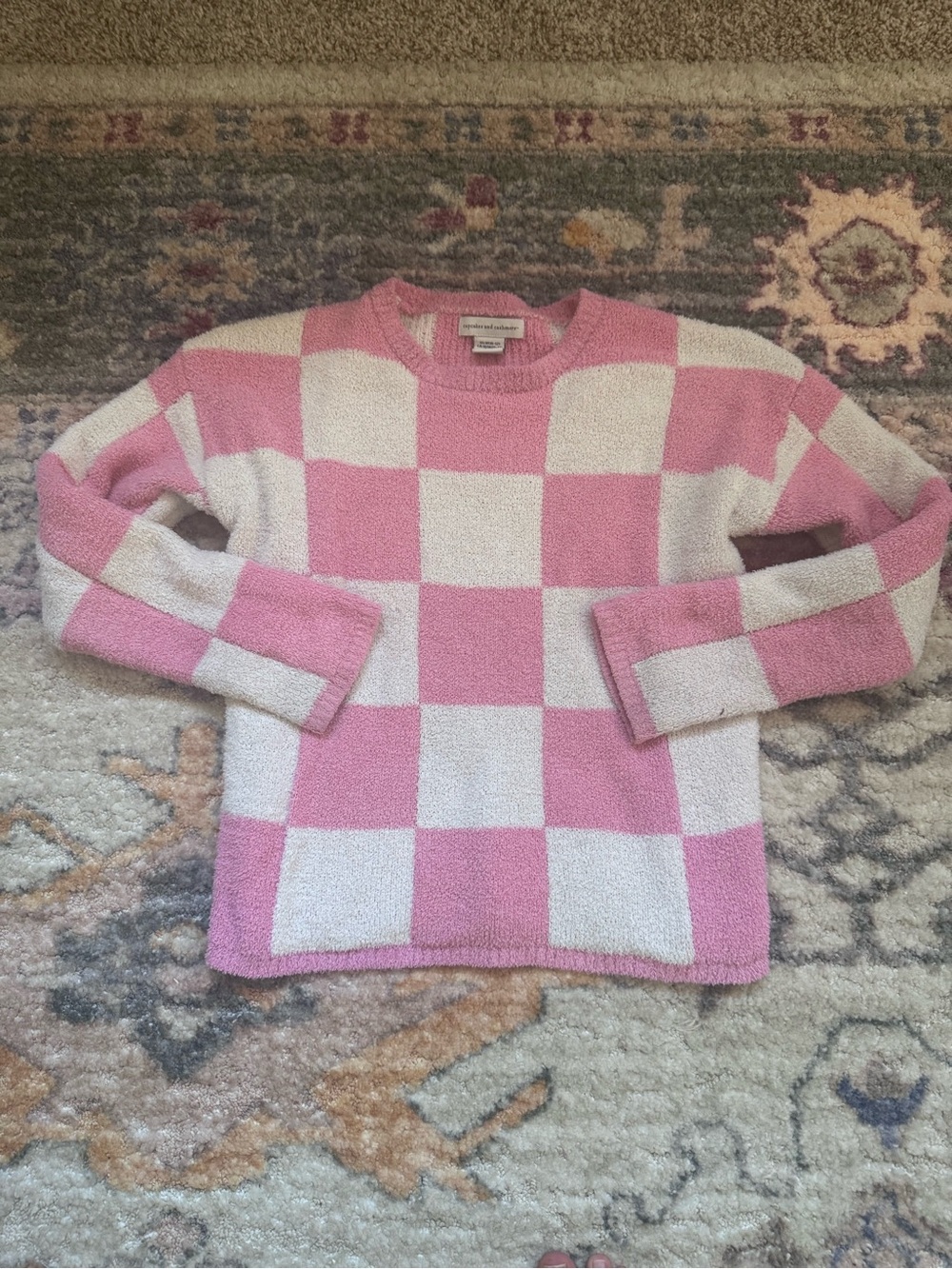 Checkerboard Crewneck Sweater - Pink & white
